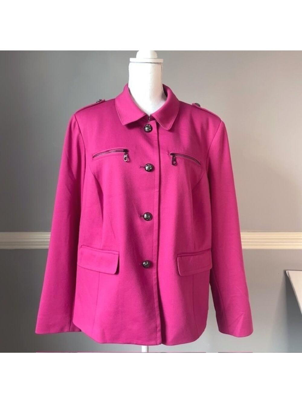 Talbots Hot Pink Tailored Blazer Jacket Zip Pocket Military Style Women's 2X